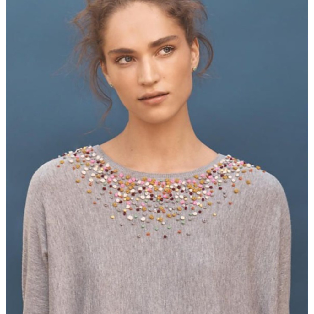 Anthropologie Angel of the North Confetti Pom Pom Sweater Size L Gray Pullover